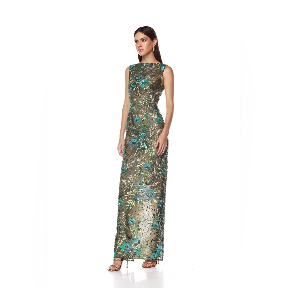 NWOT BRONX AND BANCO Violet Teal Maxi Dress , Elegant Floral Evening Gown - Picture 4 of 14